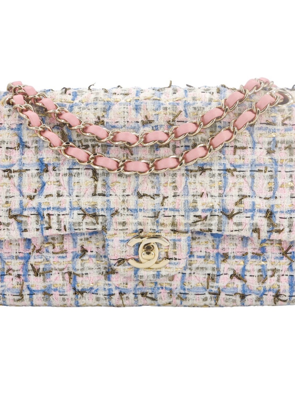 CHANEL 2022 Pastel Tweed Shoulder Bag with Pink Leather-Trim Chain and Gold C